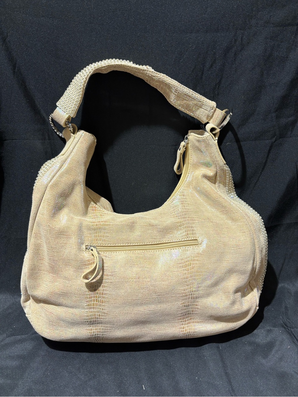 Neutral Beige Textured Hobo Bag with Front Zip - ITALIAN LEATHER